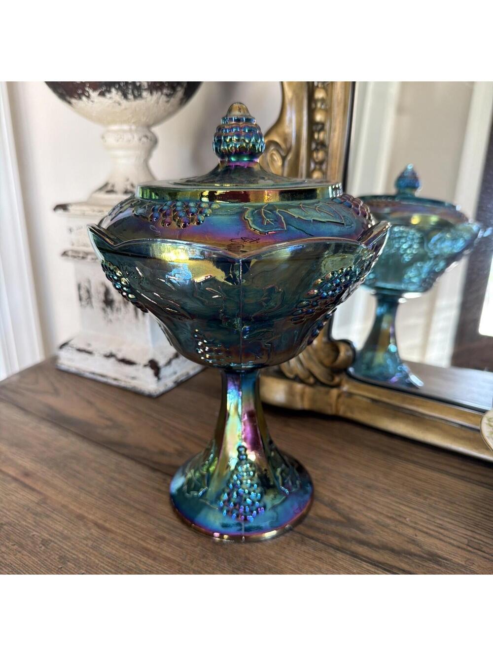 Indiana Carnival Glass Iridescent Blue Covered Compote – Harvest Grape